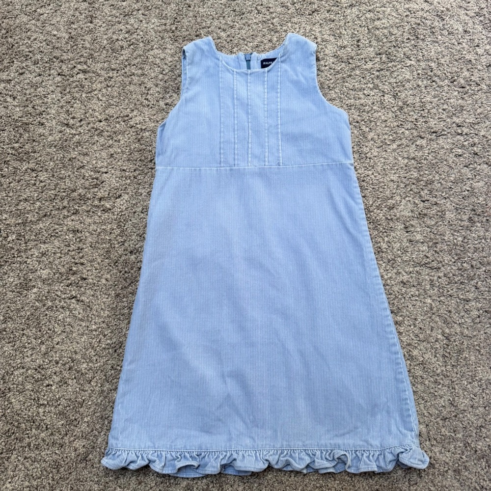 Ralph Lauren Corduroy Ruffle Hem Jumper Dress Light Blue Girls Size 6X